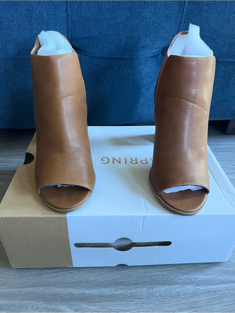 Call It Spring Tan Peep-Toe Stacked Heel Mules